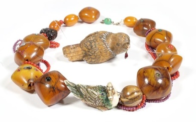 UNUSUAL ASIAN CARVED BIRD & JEWELED AMBER NECKLACE