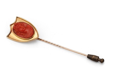 Victorian 9ct gold shield-shaped stick pin with large coral ...