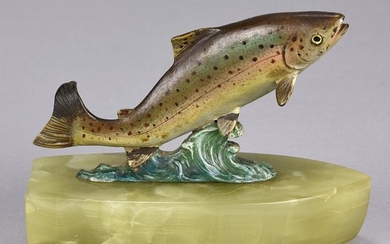 Vienna Bronze (early 20th Century) A cold painted bronze study of a leaping salmon. Titled on underside of fish. Circa 1900. Height 10 cm.