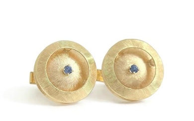 Vintage 1960's Blue Sapphire Round Textured Cufflinks 14K Yellow Gold, 9.31 Gram