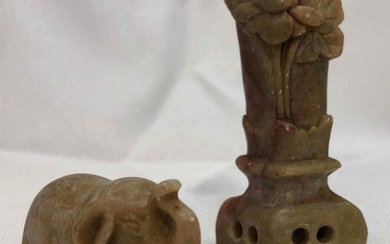 Vintage Chinese Carved Soapstone - Vase & Elephant