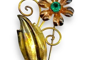 Vintage Flower Pin with Green Crystal