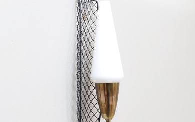 WALL LAMP, black grid & brass, cup of opaque glass, second half of the 20th century.