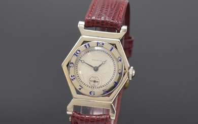 WALTHAM rare montre-bracelet hexagonale en WG 750/000, USA vers 1930, boîtier en 3 parties, cornes...