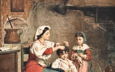 W.J. Martens (1839-1895) - Italiaans Interieur met moeder en kinderen