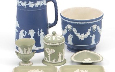 Wedgwood Blue Jasperware Jug and Cachetpot with Other Sage Green Decor