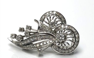 White gold and platinum double scroll brooch paved...