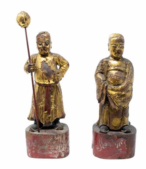 Wood carvings (2) - Gilt lacquered wood - Monk - Pareja de monjes budistas - China - 18/19 century