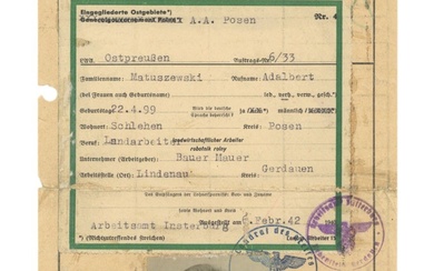 Work Card Issued to a Polish Prisoner Used in GG...