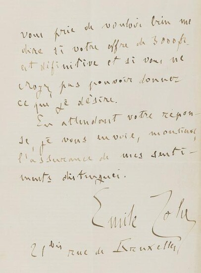 Zola (Émile) 2 Autograph Letters signed to "Sir"