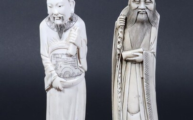 (-), wijsgeer en man, 2 Chinese ivoren sculpturen,...
