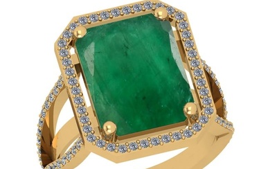12.71 Ctw VS/SI1 Emerald And Diamond 18K Yellow Gold Vintage Style Ring