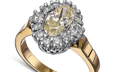 1.42ct Light fancy yellow oval cut and diamonds ring,...