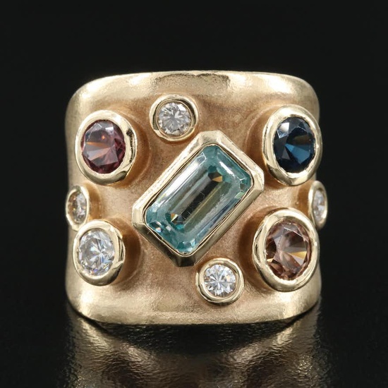 14K Multi-Gemstone Saddle Ring Including Zircon, Diamond and Sapphire