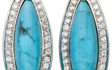 14K. Yellow gold earrings set with approx. 8.48 ct. turquoise and approx. 0.40 ct. diamond....