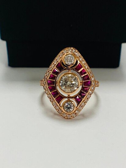 14ct Rose Gold Ruby and Diamond ring featuring centre, round brilliant cut Diamond (0.51ct), bezel set, with 2 round brilliant cut Diamonds (0.18ct TDW), bezel set, as well as 14 french cut Rubies (0.76ct TSW), and 42 round brilliant cut Diamonds...