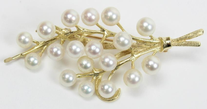 14k yellow gold and pearl brooch pin
