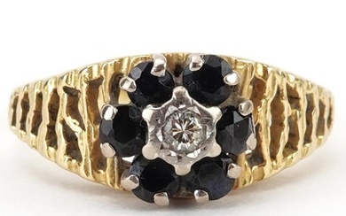 18ct gold diamond and sapphire flower head ring with pierced...