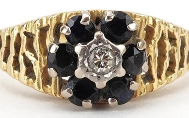 18ct gold diamond and sapphire flower head ring with pierced...