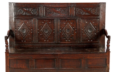 (-), 18th century solid oak bench with stitching...