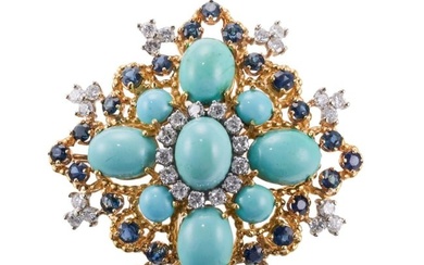 18k Gold Turquoise Sapphire Diamond Brooch Pendant