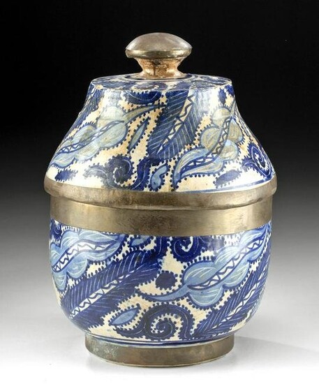 19th C. Moroccan Fassi Ceramic Lidded Jar, ex Museum
