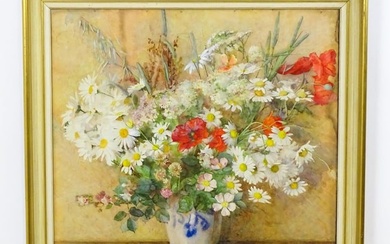 19th century, Watercolour, A still life study with flowers and foliage in a blue and white vase to