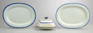 (2) Blue Feather Edge Platters & Covered Casserole