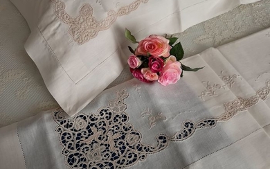 Museum quality double bedsheet made of pure linen with angels needle stitch embroidery - entirely handmade