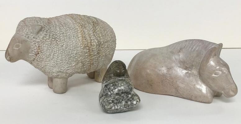 (3) CARVED STONE ANIMALS & FIGURE, (2) LARGER ONES HAVE