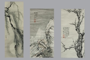 3 Chinese Ink Scroll Paintings on Paper