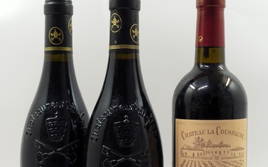 3 bouteilles 2 bts : CHÂTEAUNEUF DU PAPE 1998 (rouge) Domaine Monpertuis Cuvée "tradition". Vieilles vignes + 1 bt : CHÂTEAU LA COUSPAUDE 2001 GC...