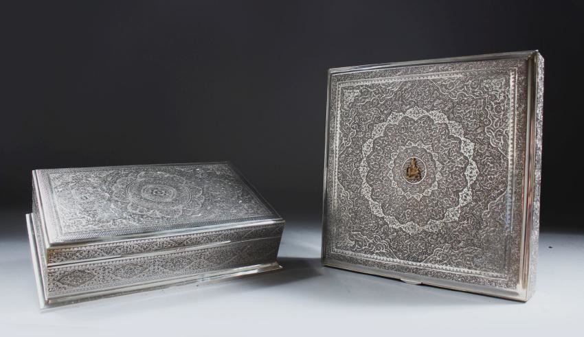 TWO VERY IMPORTANT SILVER PERSIAN PRESENTATION BOXES