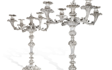 A MONUMENTAL PAIR OF GEORGE IV SILVER FIVE-LIGHT CANDELABRA, MARK OF PAUL STORR, LONDON, 1826