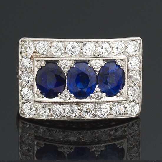 Ladies' CROSTEN Art Deco Gold, Blue Sapphire and Diamond Ring