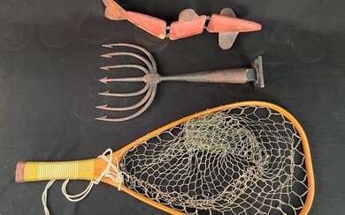 7 tine fishing spear, net and wood and metal fish