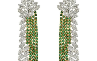 7.00 TCW HI/SI-I1 Diamond Emerald Earrings 18k Gold