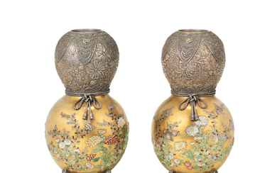 A fine and unusual pair of silver and gold lacquer Shibayama inlaid vases