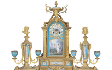 A FRENCH ORMOLU-MOUNTED SÈVRES STYLE PORCELAIN 'JEWELED' THREE-PIECE CLOCK GARNITURE, THIRD QUARTER 19TH CENTURY