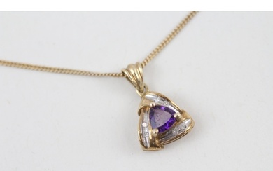 9ct gold trillion amethyst & diamond pendant necklace (2.5g)