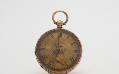 A 14k gold men's pocket watch with base case, anchor chain with key assignment, France, mid 19th century/3rd quarter. 55.4g.