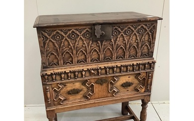 A 17th century style oak bible box on stand, width 81cm, dep...