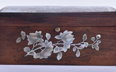 A 19TH CENTURY CHINESE MOTHER OF PEARL INLAID HARDWOOD BOX Qing, decorated with figures in a landsca