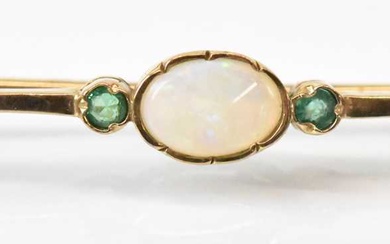 A 9ct yellow gold opal and emerald set bar brooch,...