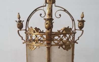 A BRASS AND ETCHED GLASS HANGING LANTERN