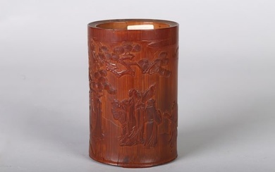 A CHINESE BAMBOO 'POINTING THE RISING SUN' FIGURAL BRUSHPOT