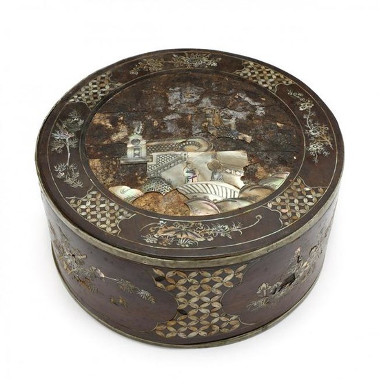 A Chinese Circular Wooden Sewing Box with