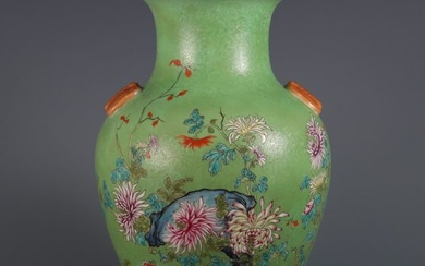 A Chinese Green Ground Famille-Rose Porcelain Vase