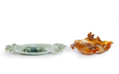 A Chinese green jade 'crab' dish and an agate 'frogs and lotus'...