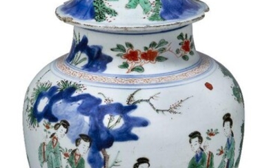 A Chinese porcelain wucai jar and cover, Transitional period, painted with ladies at leisure in a continuous garden landscape, 38cm high Provenance: From the collection of an important Greek shipping family